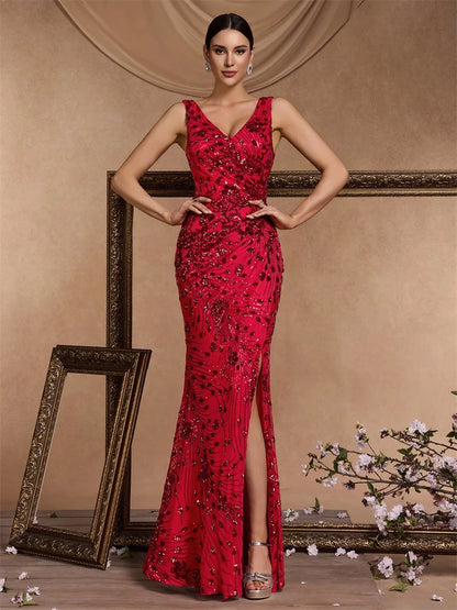 Elegant Slit Evening Dresses Women Long Mermaid Formal Sequins Sexy V-neck Caicktail Wedding Party Prom Gowns