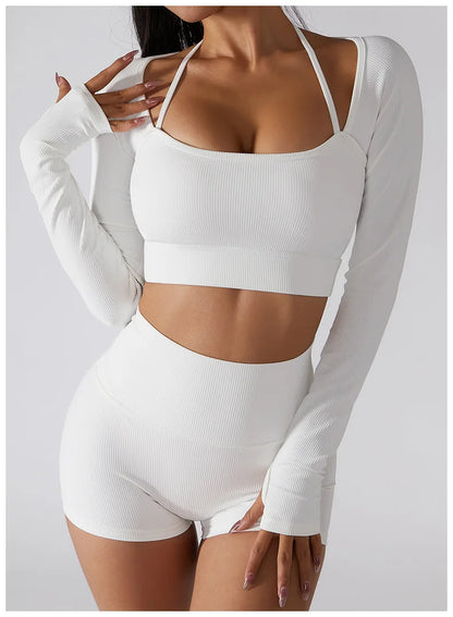 Women Yoga Set Gym Clothing Tracksuit Long Sleeve Crop Top One Shoulder Bra High Waist Seamless Leggings Fitness Sports Suits