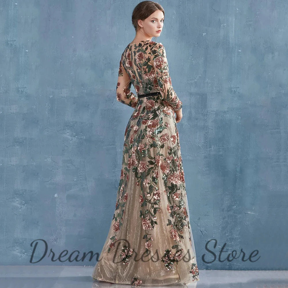 Elegant O-Neck Long Sleeve Evening Dress Sequins Flowers Applique A-Line with Belt Floor Length Women Party Banquet Gowns