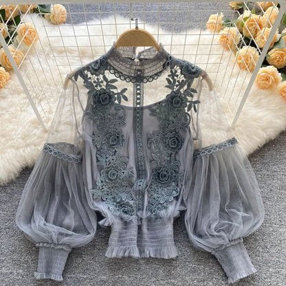 Summer Elegant Lace Blouses Korean Style Women's Clothing Casual Long Sleeve Tops Blusas Feminina Elegante Estilosa Y338