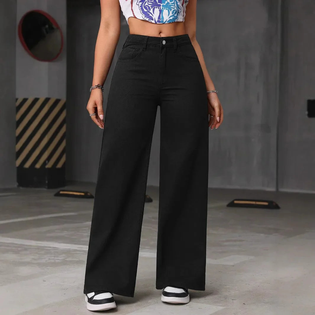 Jeans Wide Leg Pants Women Streetwear High Waist Washed Distressed Floor Length Straight Trousers Vintage 2025 Basics Denims