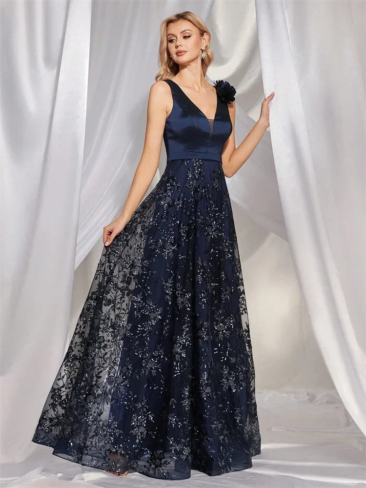 Vestido de Festa Elegante Dourado Floral com Decote em V Longo 2024 Luxo Feminino Chiffon sem Mangas para Baile Coquetel