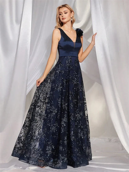Vestido de Festa Elegante Dourado Floral com Decote em V Longo 2024 Luxo Feminino Chiffon sem Mangas para Baile Coquetel