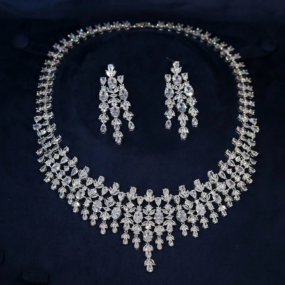 Luxury Floral Design Wedding Dubai Bridal Jewelry 2 PCS Set Shiny Cubic Zirconia CZ Necklace Pendant Earrings X0202