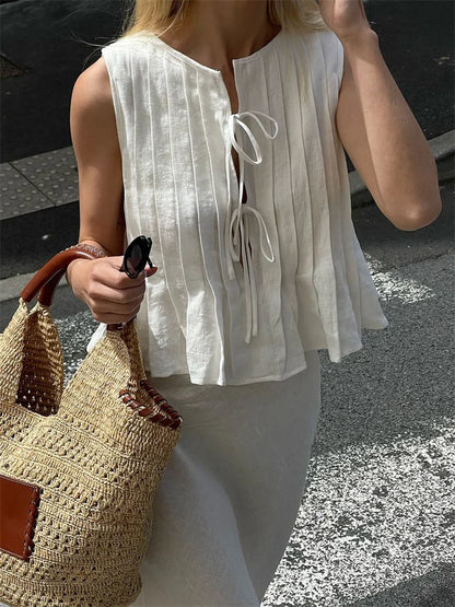 White Bandage Ribbed Tank Top Shirts For Women Hollow Out Sleeveless Slim Summer Fashion Vest Women's Lace-Up Vest Y2k Top