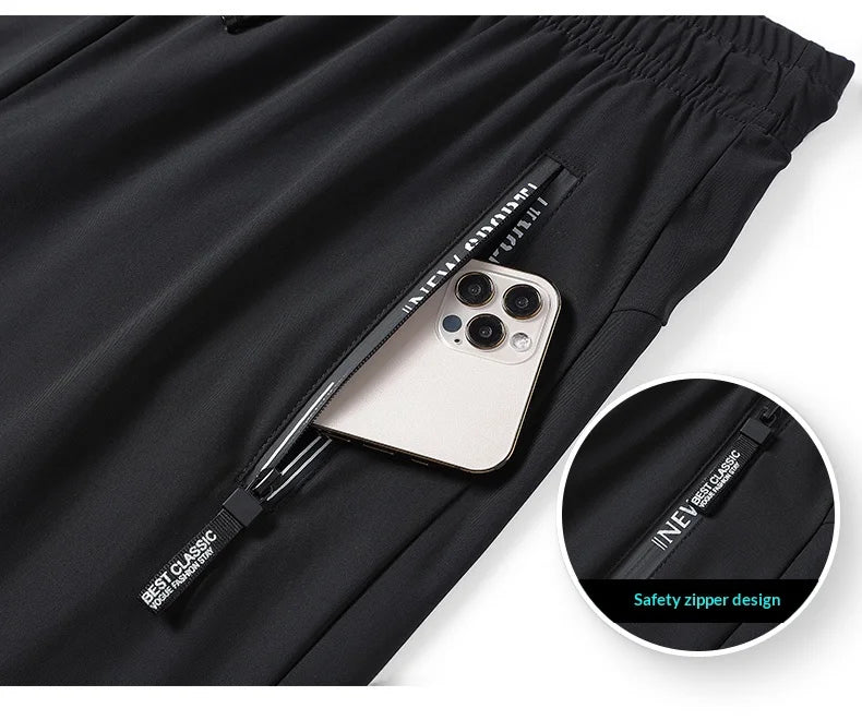 Men's Ice Silk Quick Dry Pants Lightweight Breathable Casual Trousers Elastic Waist Drawstring Sports Pants with Zipper Pockets