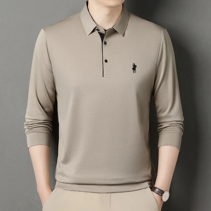2025 Latest Autumn New Men's Long Sleeve Polo Shirt Middle Aged Business Comfortable Solid Color Men's Collar T-shirt