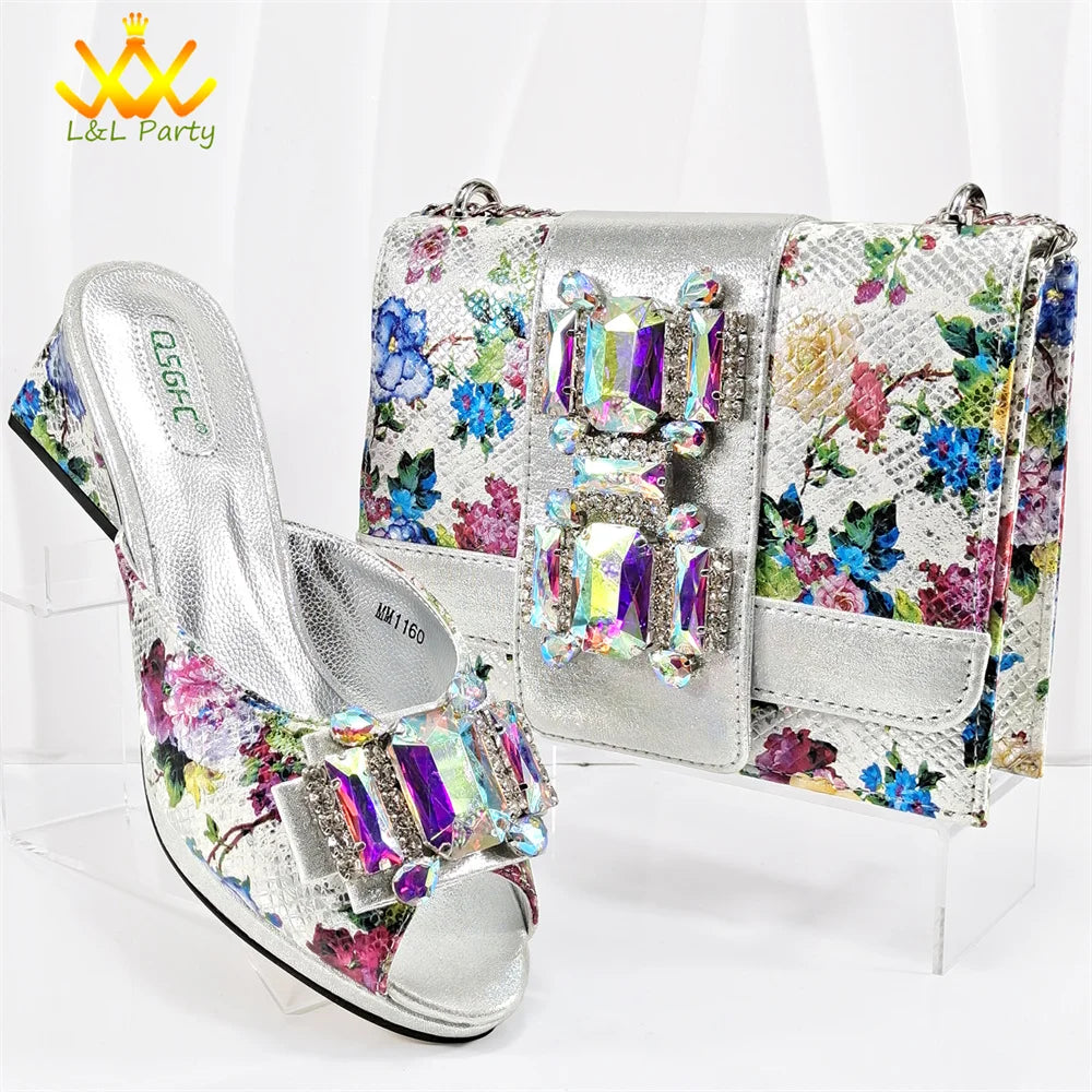 Shoes and Bag Set in Green Color High Quality Specials Design Slipper with Crystal for Wedding Dress