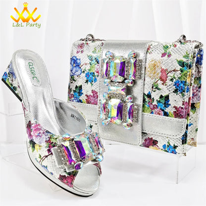 Shoes and Bag Set in Green Color High Quality Specials Design Slipper with Crystal for Wedding Dress