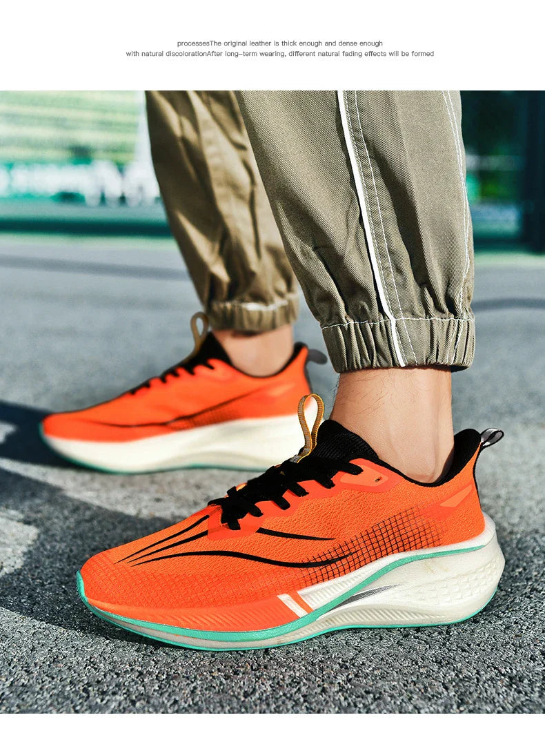 Sapatos de corrida esportivos casuais masculinos e femininos de moda com superfície de malha respirável, suporte de placa de carbono e sola de borracha resistente ao desgaste