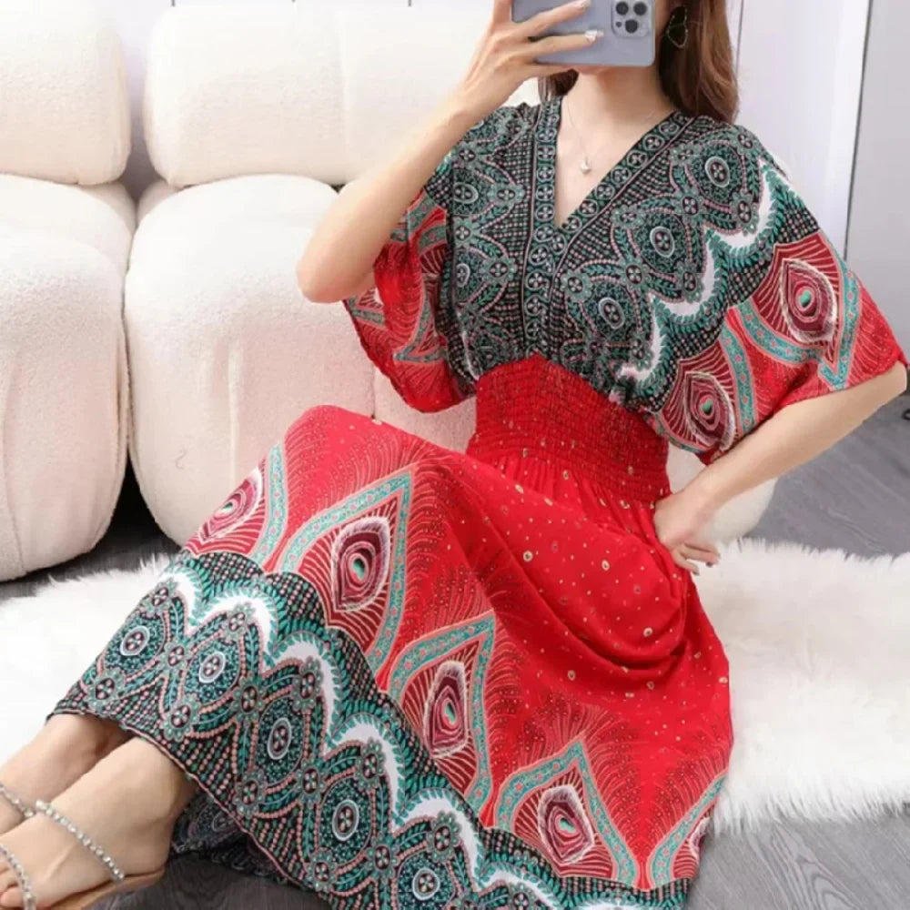 Flower V-neck Elastic Youthful Bohemian Sweet Midi Dress Woman Clothes Chic Fashion Summer Dresses 2025 Large Swing Ski