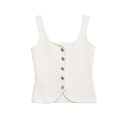 Vintage Casual Chic Yellow Women Cami Tops Solid Single Breasted Sleeveless Vest Fashion 2025 Spring Summer Holiday Tops