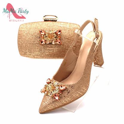 Classics Italian Design Shoes and Bag Set in Orange Color Comfortable Heels Pointed Toe Pumps for Wedding Party