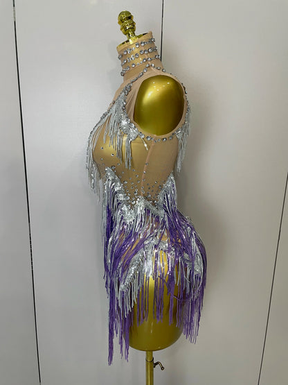 Women Sexy Stretch Mesh Sparkly Rhinestone Tassels Mini Dress Nightclub Singer Dance Stage Costume Evening Gowns
