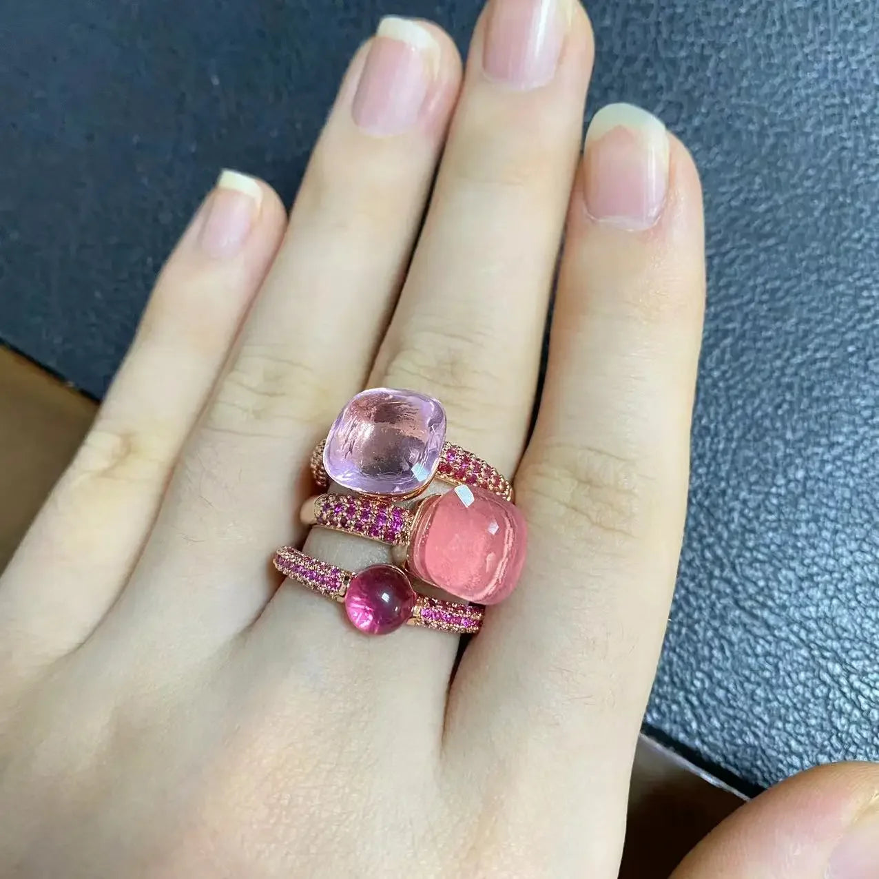 Conjunto de 3 anéis empilháveis ​​Nudo para mulheres, conjunto com cores mistas, cristais tipo bala incrustados, zircônia, ametista, topázio azul, joia redonda, presente