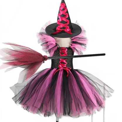 2 Pieces Witch Tutu Dress with Hat Girls All Saint's Day Bruja Wizard Costume Role Play Toddler Halloween Party Fairy Witch Gown