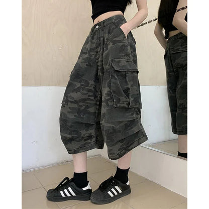 Vintage Baggy Cropped Jeans Pants Girls Fashion High Waist Denim Pants