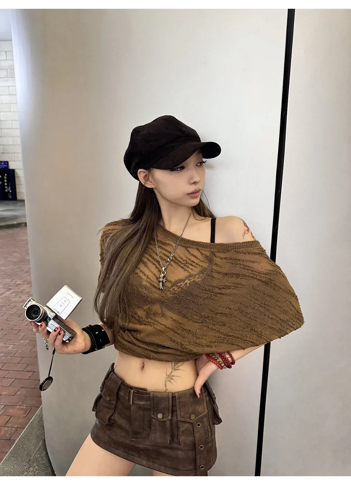 Spring Summer Cool Sexy Vintage Distressed Brown Pu Leather Mini Skirt Women Three-dimensional pockets Belt Streetwear