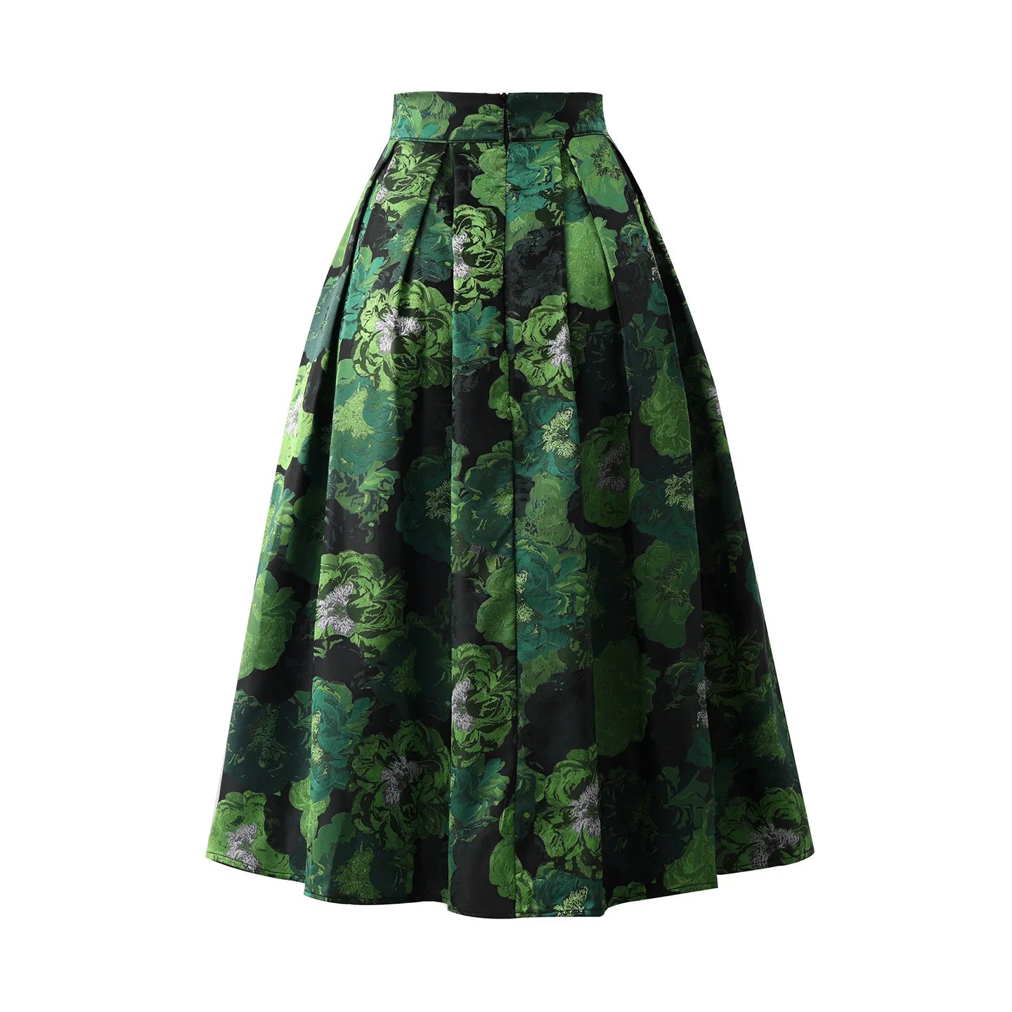 High Quality Elegant Lady Hepburn Style Mid-long Puff Skirt All-match Spring Autumn High Waist Green Jacquard Women A-line Skirt