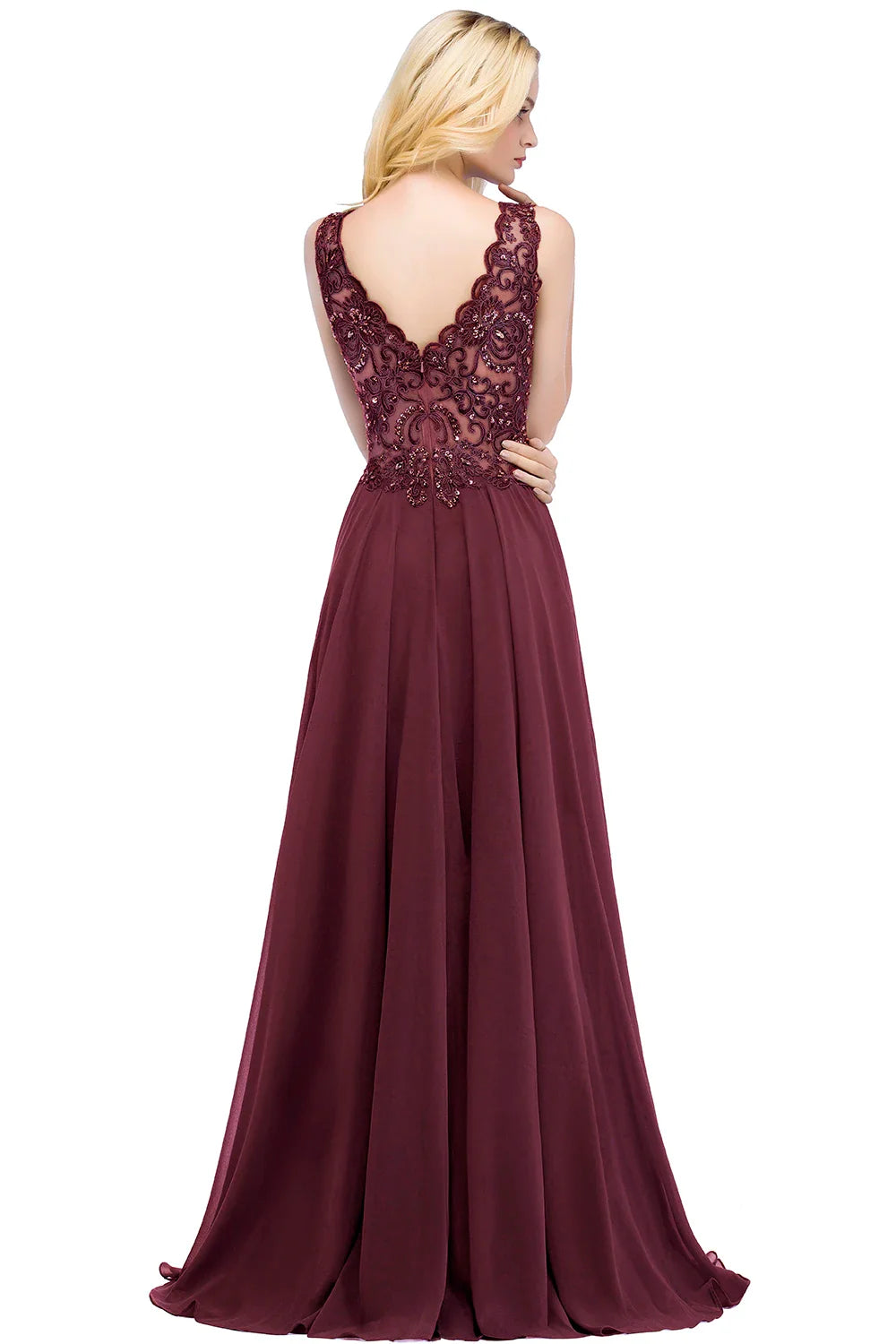 Navy Blue Evening Dresses Women V Neck Lace Appliques Beaded A Line Skirt Chiffon Prom Party Bridesmaid Gowns