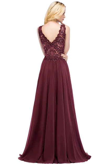 Navy Blue Evening Dresses Women V Neck Lace Appliques Beaded A Line Skirt Chiffon Prom Party Bridesmaid Gowns