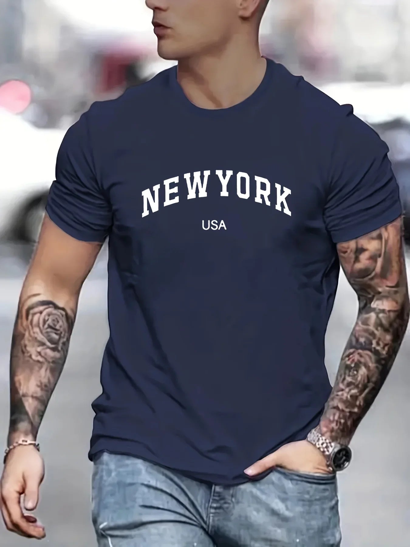 Men's 100 cotton summer fashionable casual loose plus size new York Usa printed slim fit sports round neck short sleeved T-shirt