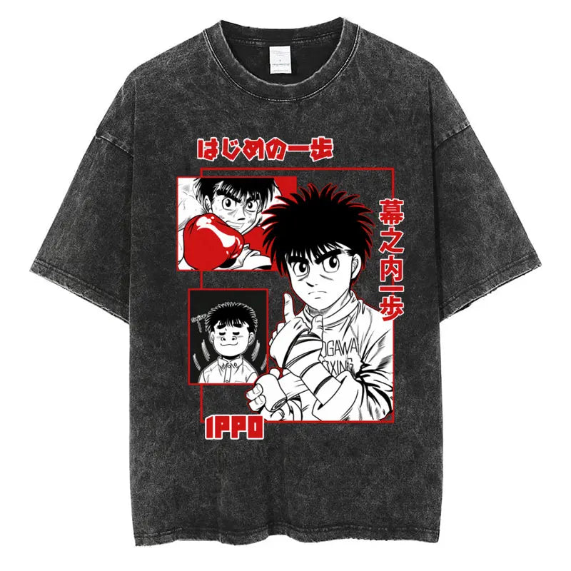 Anime Hajime No Ippo Washed Vintage T-shirt Kamogawa Boxing Gym Harajuku T-shirts Makunouchi Takamura KGB Loose Cotton T Shirt