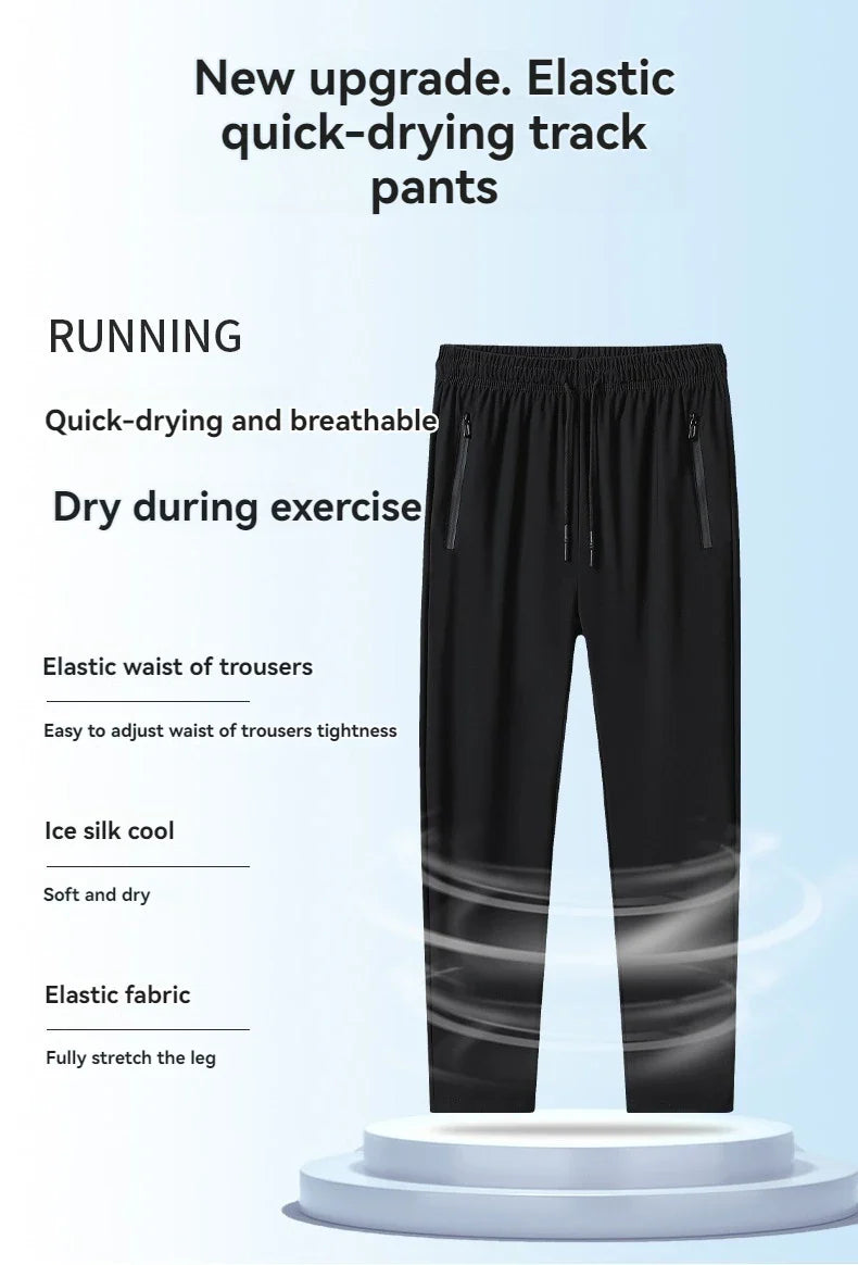 Summer Ice Silk Men Quick Drying Breathable Casual Pants Comfortable Loose Large Size High Elastic Outdoor Running Sports Pants