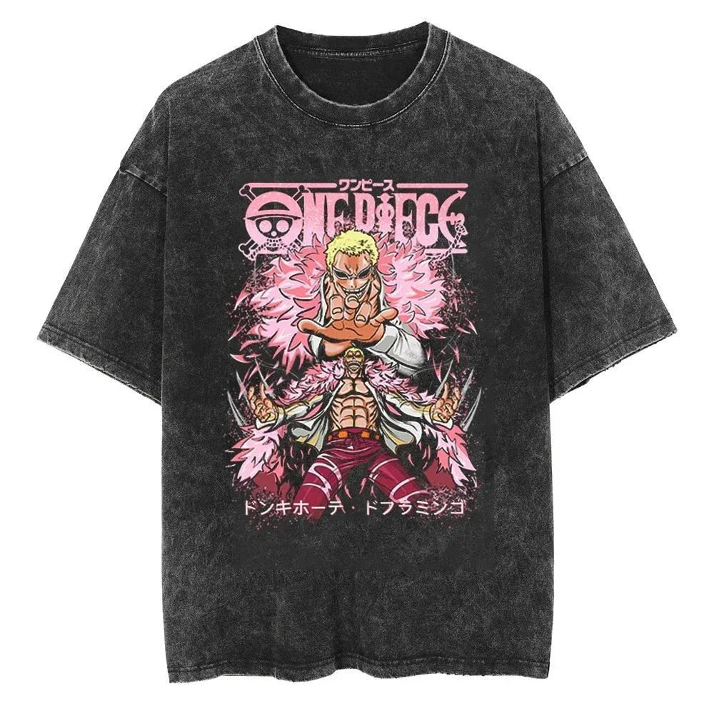 ONE PIECE Japanese Anime Donquixote Doflamingo Men's and Women's T-shirts Cotton Washed Old Retro Y2k Harajuku Short Sleeves