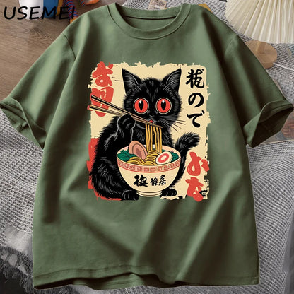 Vintage Japanese Black Cat Ramen T Shirts Cute Graphic Tee Funny Cat Eating Ramen T-Shirt Printing Cotton Short Sleeve Vintage