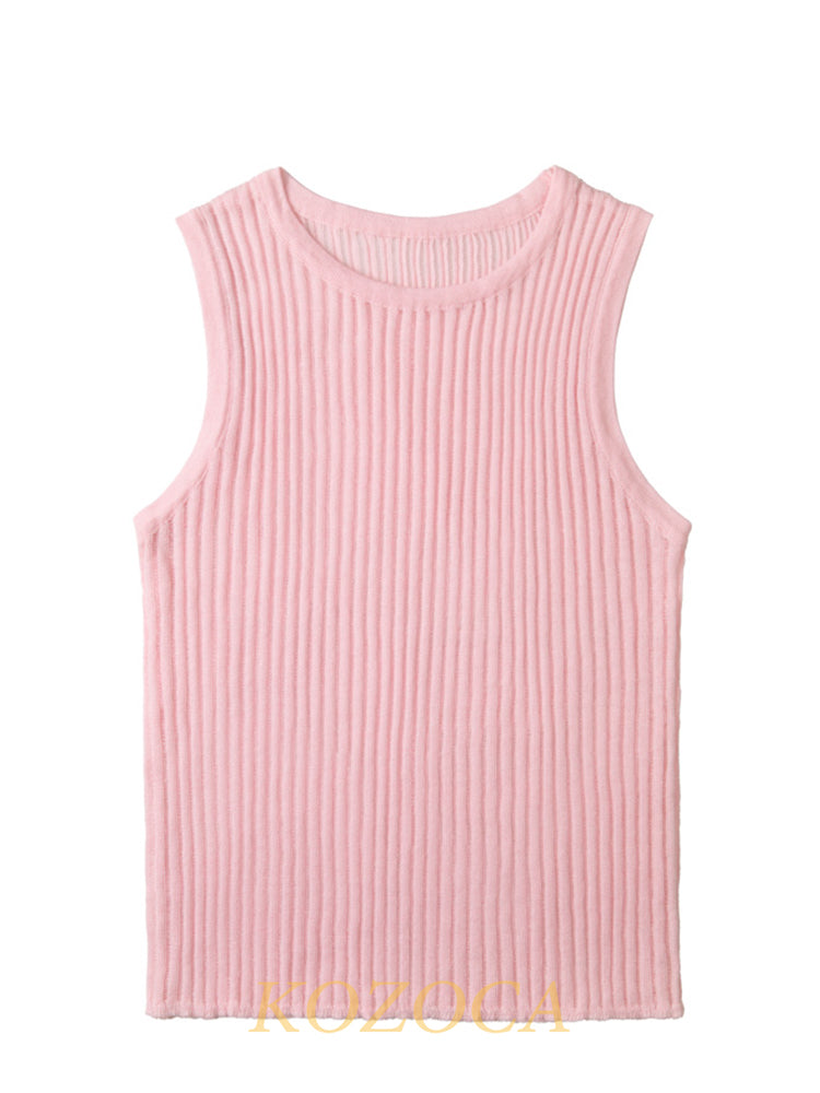 100% Wool Chic Solid Tanks Elegant Striped See Through Hollow Out Women Tops Sleeveless Elastic Tops Club Party Clothes