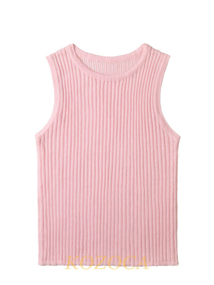 100% Wool Chic Solid Tanks Elegant Striped See Through Hollow Out Women Tops Sleeveless Elastic Tops Club Party Clothes