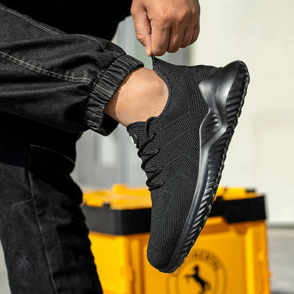 Men‘s Safety Shoes with Steel Toe Puncture Proof Anti-smash Work Sneakers Lightweight Breathable Black Sneakers for Construction