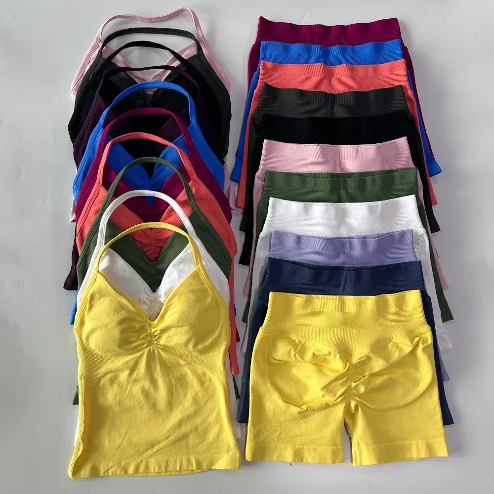 No Logo 2 Pieces Sports Set Workout Clothes Shorts Sets Gym Strappy Top Scrunch Shorts Yoga Clothing Gym Set