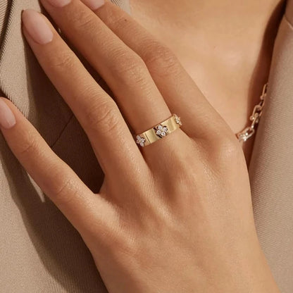925 Sterling Silver Lucky Clover Moissanite Ring, Gold Plated D Color Round Cut Wide Band Ring for Women Wedding Gift