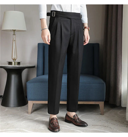 Luxury Men's Slim High-Rise Dress Pants - Heavyweight Subtle Stripe with 3D Pleats & Naples Tailoring
