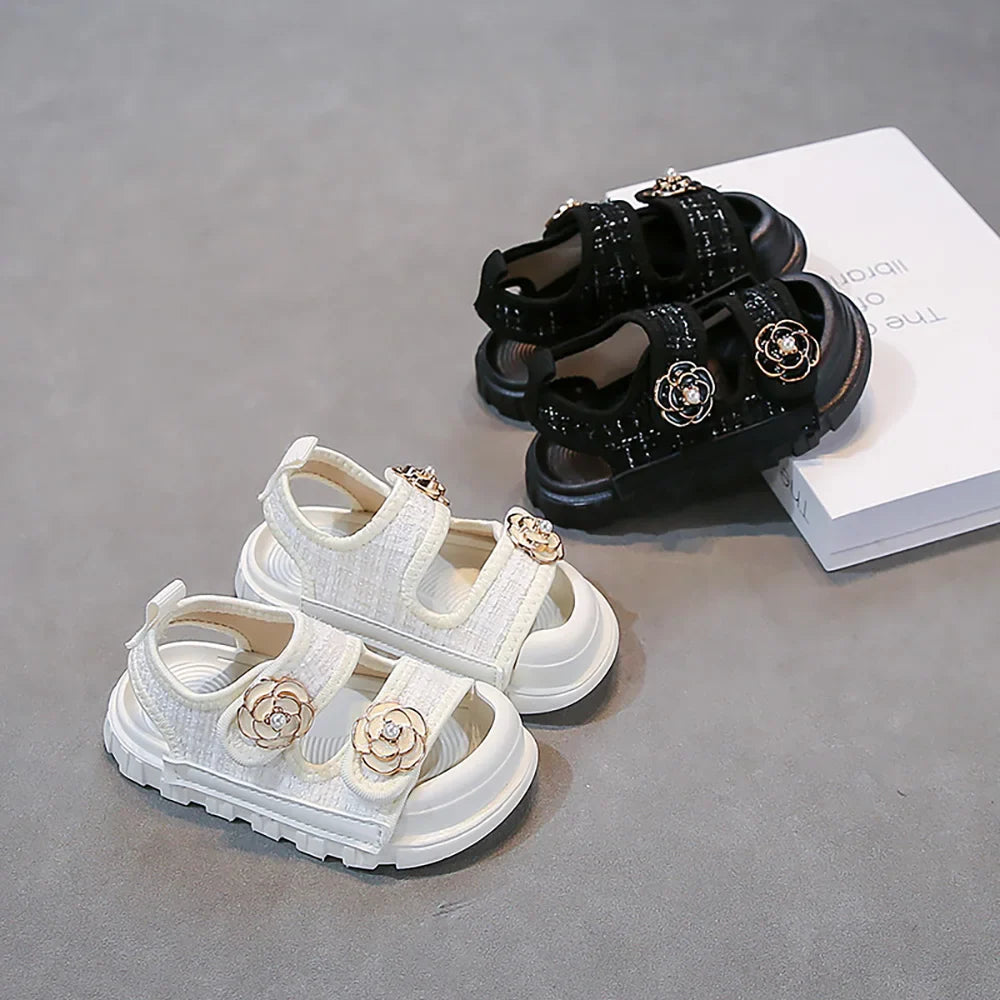 Korean Style Summer Sandals For Girls Luxury Pearl Flower Children's Beach Shoes Ergonomics Soft-soled Kid's Girl's Sandals