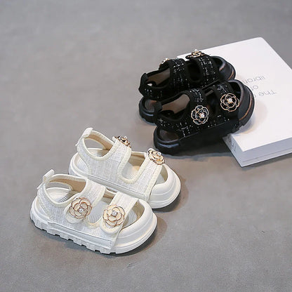 Korean Style Summer Sandals For Girls Luxury Pearl Flower Children's Beach Shoes Ergonomics Soft-soled Kid's Girl's Sandals