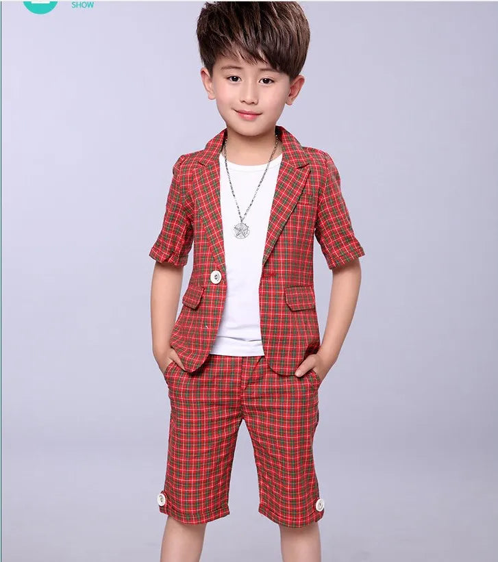 2022 Children Summer Formal Suit Boys Blazer+Shorts 2Pcs Photograph Set Kids Plaid Wedding Performance Dress Ceremony Costume
