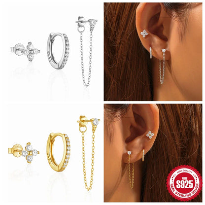 925 Sterling Silver 3pcs/set Cute Chians Stud Earrings Set Fashion Zircon Crystal Women Girls Gift Fine Jewelry Set