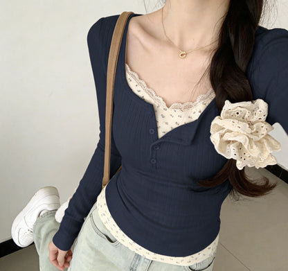 2026 Women's Fashion Trend Solid Color Sexy Lace Jacquard Two-Piece Long-Sleeve T-Shirt Y2K Slim Fit Sweet & Spicy Girl Shirt