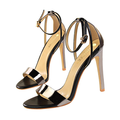 Women Black-White Concise Leather 11cm High Heels Sandals Lady Adjustable Ankle Buckle Shoes Female Fashion Party Dress Shoes