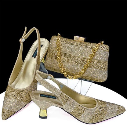 Elegant High Heels Shoes and Bag Set for Women Pointed Toe Black Color Hollow Rhinestones Matching Bag