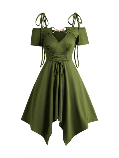 Women's Dress Cold Shoulder Lace Up Asymmetric Dress Tie Knot Shoulder Chain Solid Color Short Sleeve Dress