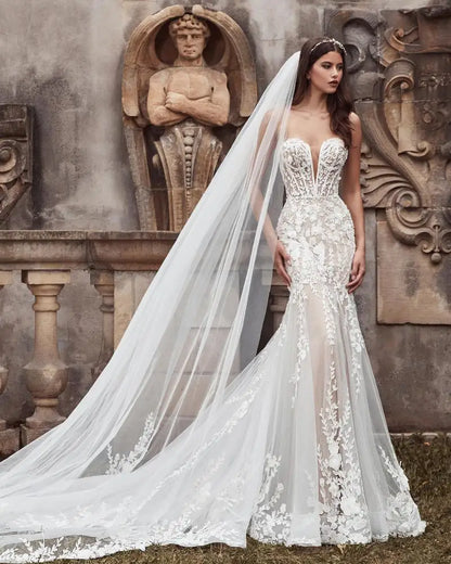 Sexy V-neck Full Lace Applique Mermaid Wedding Dresses Detachable Train 2 In 1 Custom Made Vestido De Noival