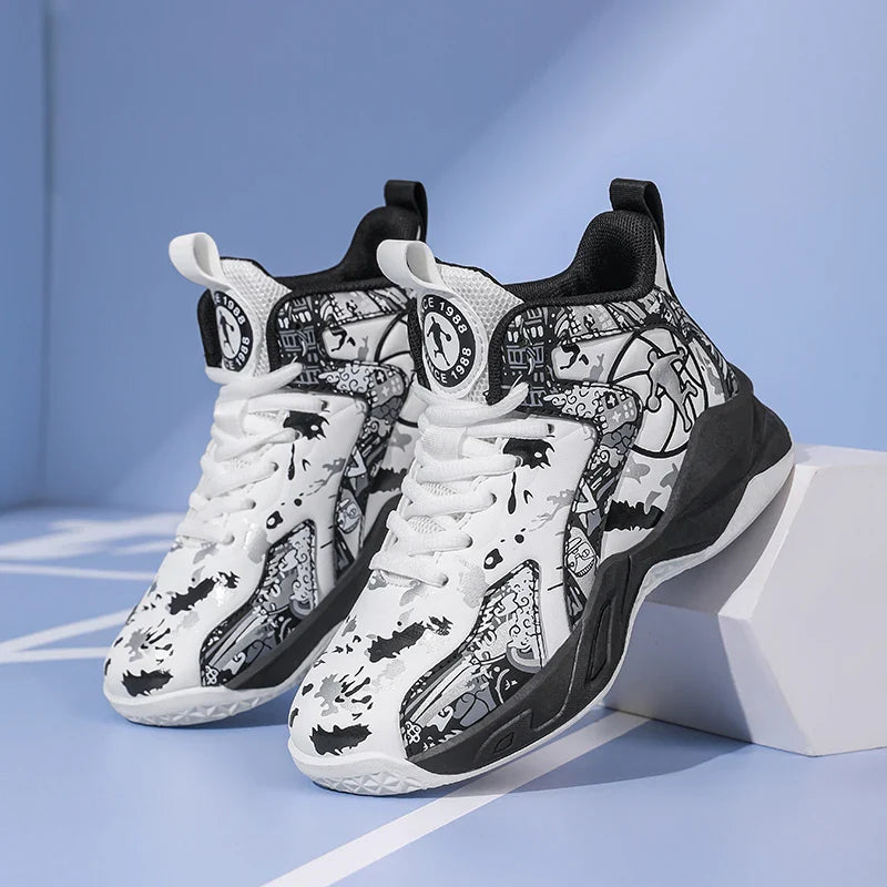 Original Children's Basketball Shoes Fashion Print Purple Basketball Sneakers Kids Training Shoes High Top Sports Shoes For Boys