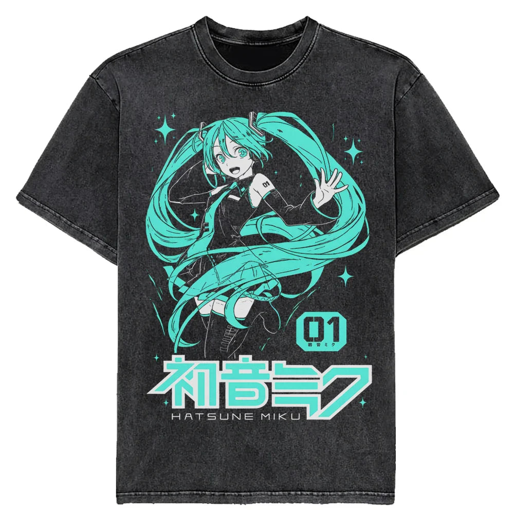 New 2025 Japanese Hatsune Miku Anime Printed Washed Cotton Retro Distressed Short-Sleeved Unisex T-Shirt Vintage Men Women