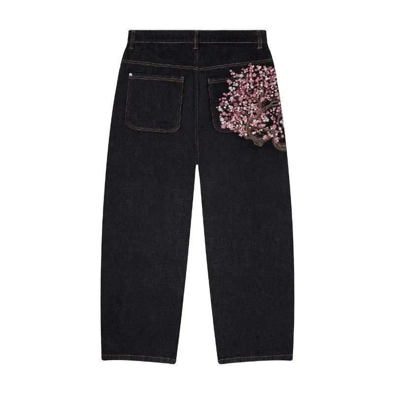 Y2K Goth vintage jeans plum blossom embroidery Harajuku pattern denim fabric wide leg pants American style men women street wear