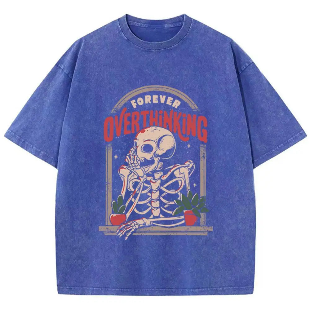Casual Women'S Cotton Washed T-Shirts Skeleton Man On The Balcony Printing Tops Oversize O-Neck Soft Short Sleeve Female Clothes