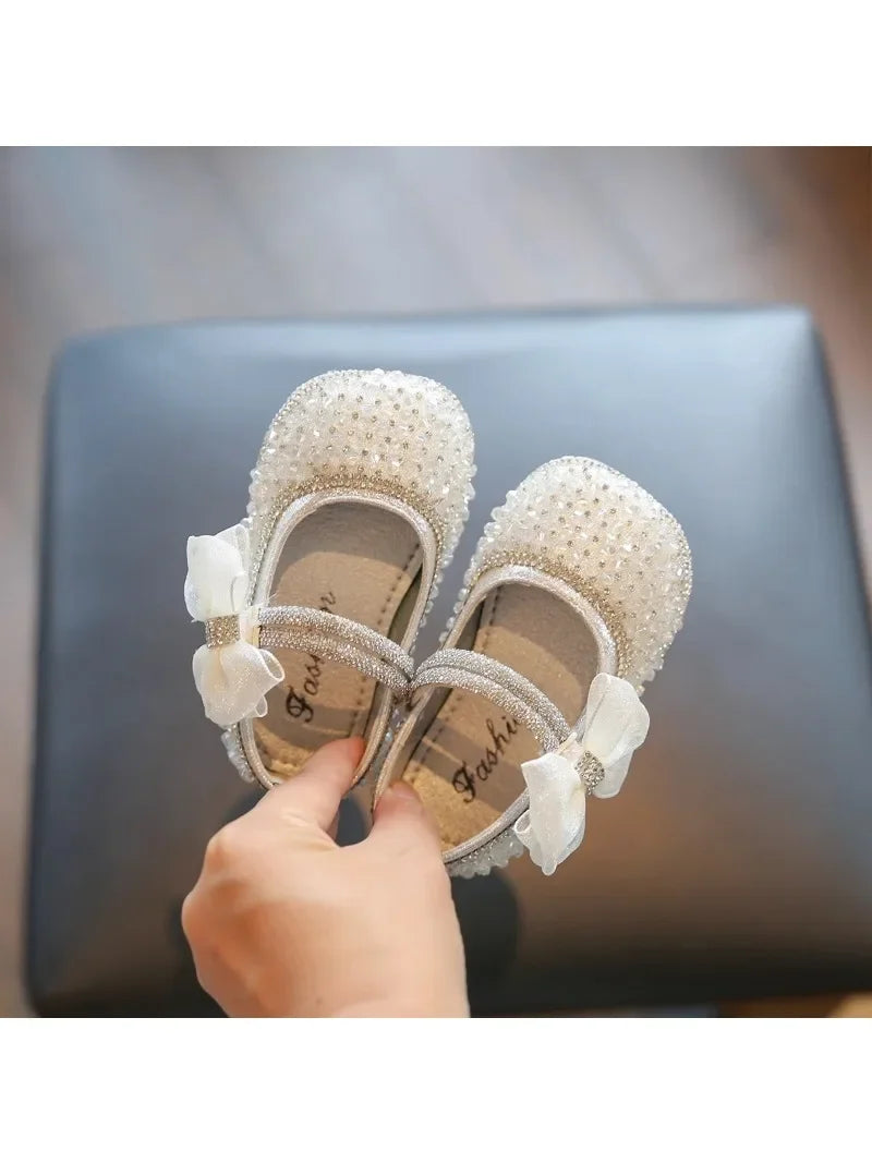Girls Princess Shoes Lace Mesh Bows Kids Walking Shoes Non-slip Shiny Sequins 2025 New Children Flat Shoes Soft Sole Non-slip